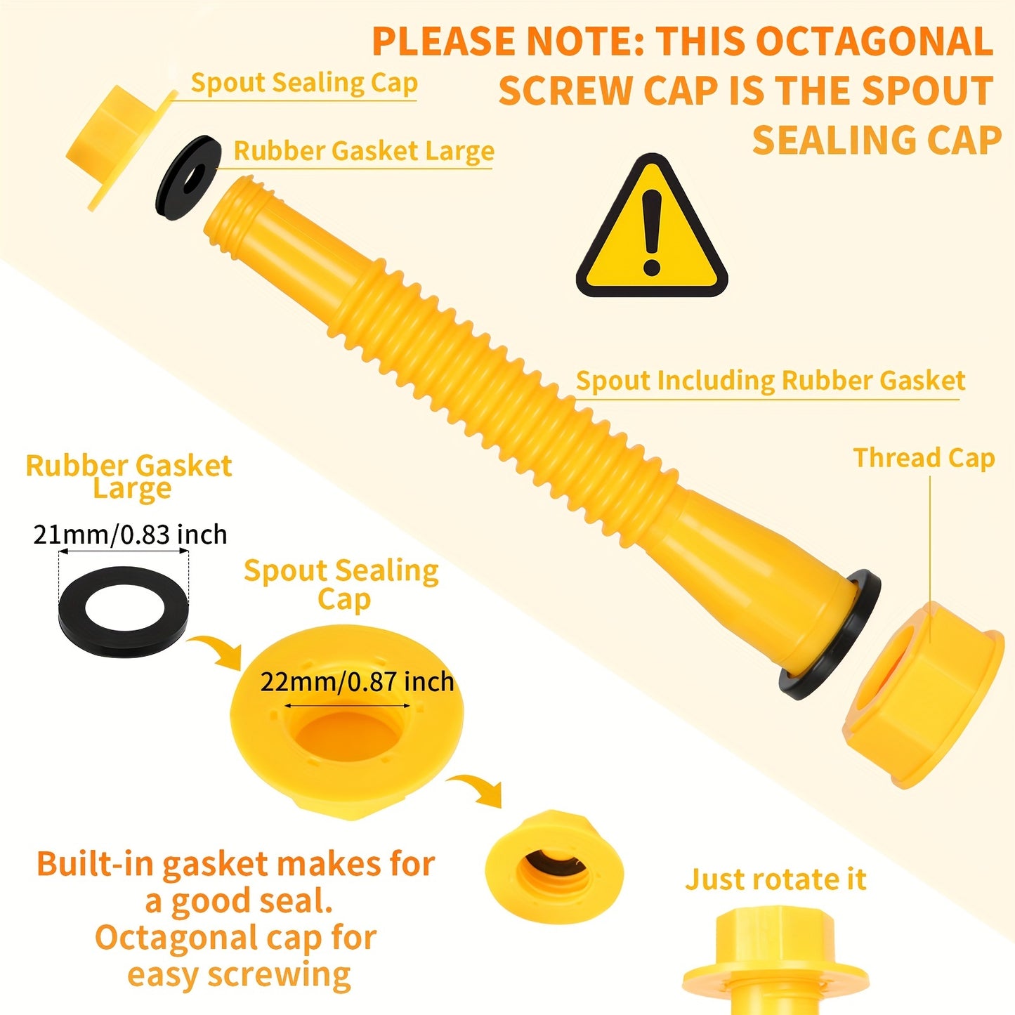 (2kit-Yellow) Gas Can Spout Replacement Kit with Long Stem Funnel and Anti-Splash Plastic Funnel - Includes 4 Screw Collar Caps