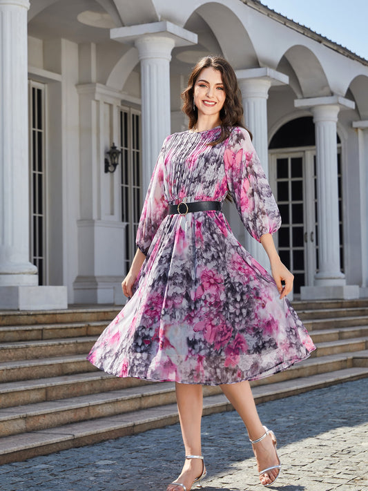 Floral Print Round Neck Balloon Sleeve Midi Dress