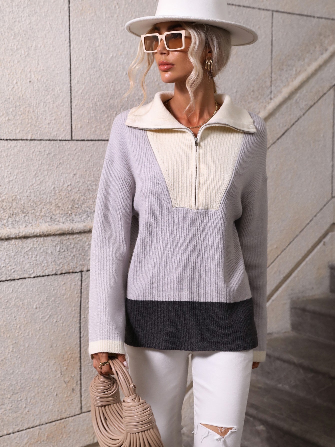 Color Block Half-Zip Dropped Shoulder Knit Pullover