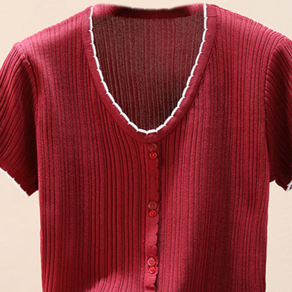 Contrast Decorative Button Short Sleeve Knit Top