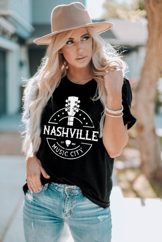 T-shirt graphique à revers Western NASHVILLE MUSIC CITY