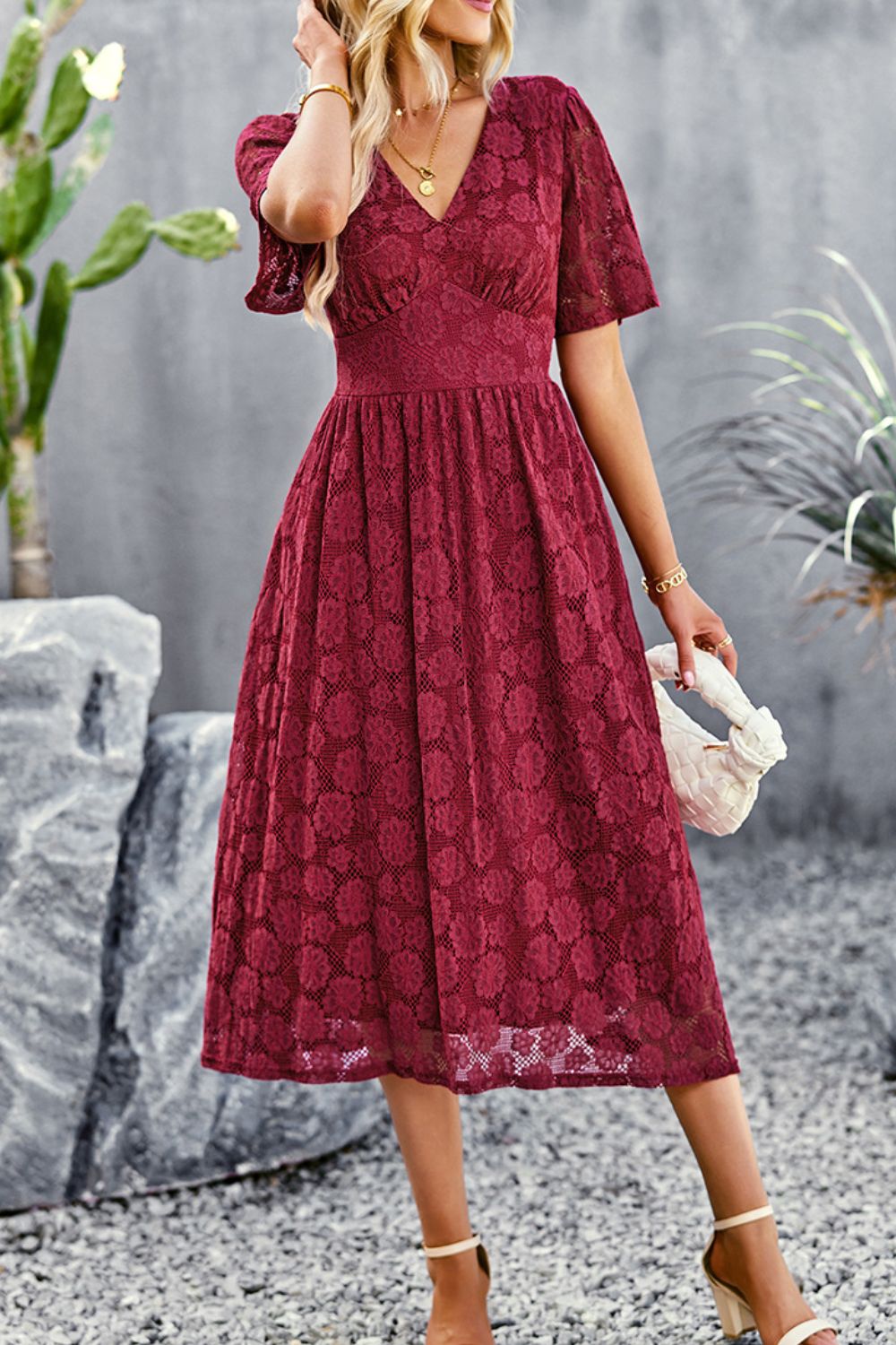 V-Neck Puff Sleeve Lace Midi Dress