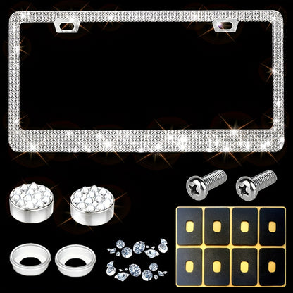 1 pc Sparkling Rhinestone License Plate Frames for Women - Glass and Metal Car Tag Holders with Bling Screws and Caps