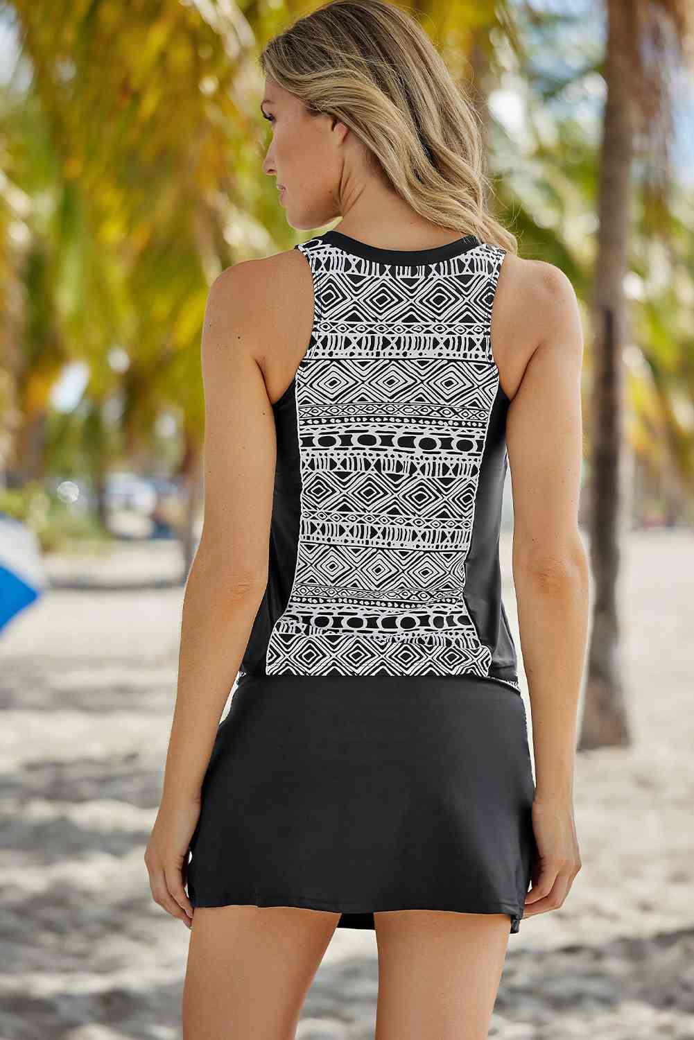 Geometric Print Color Block Swim Top and Skirt Set