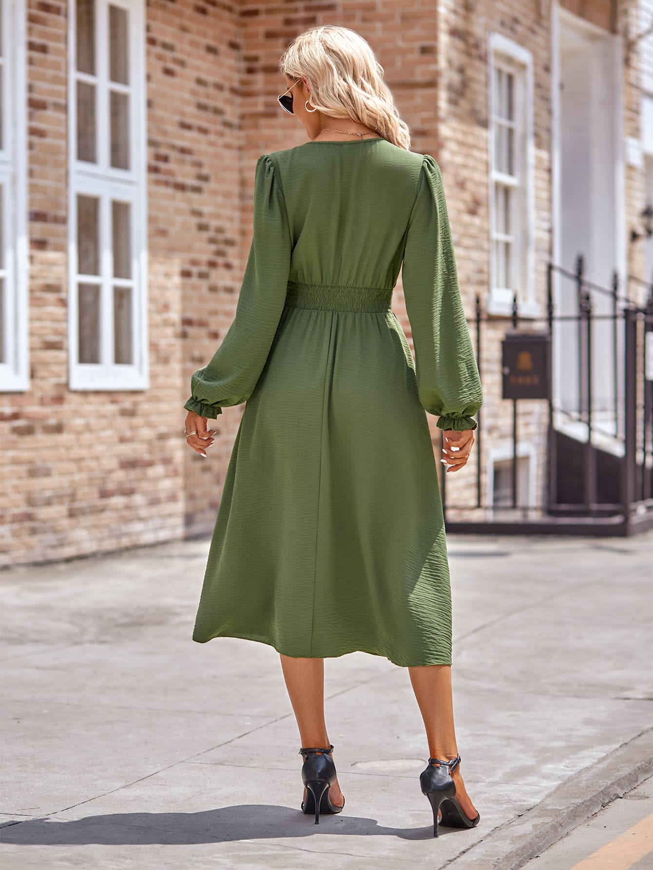 Buttoned V-Neck Flounce Sleeve Midi Dress