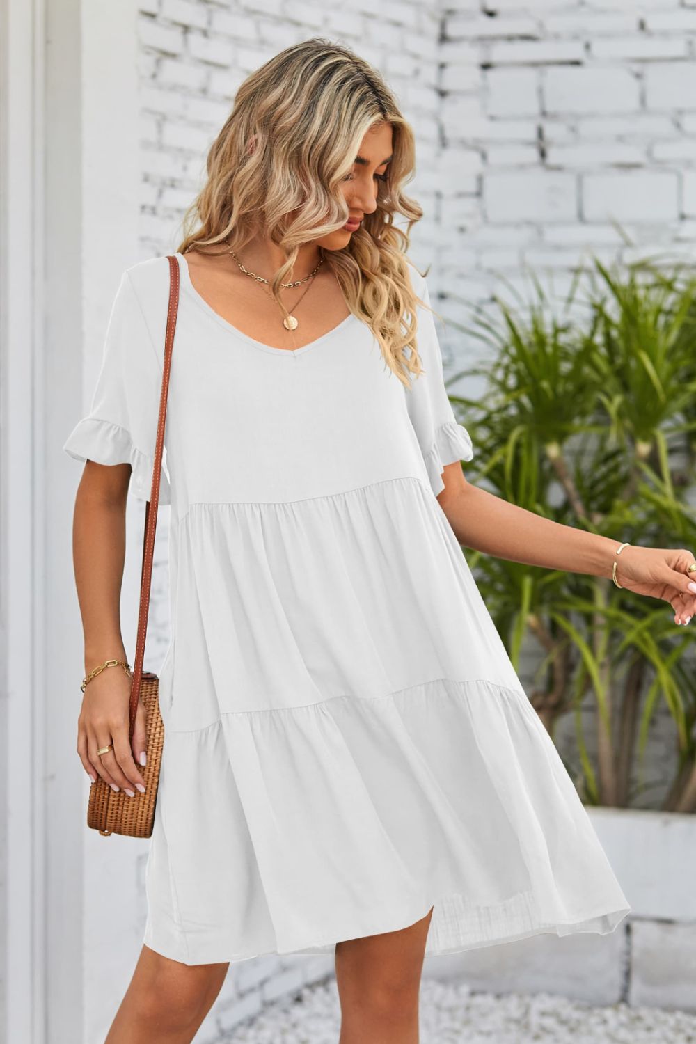 V-Neck Flounce Sleeve Tiered Dress