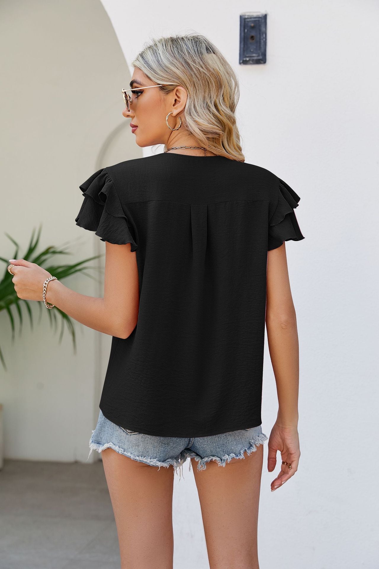 V-Neck Layered Flutter Sleeve Top