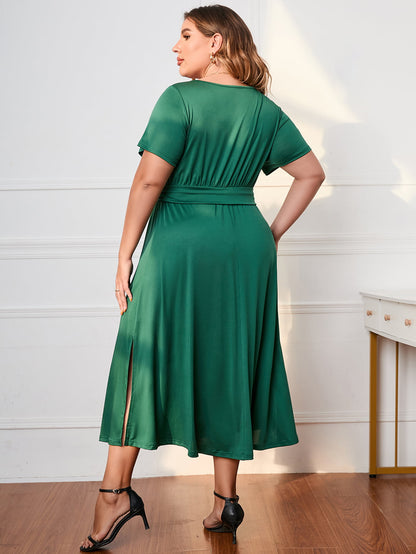 Robe Midi à Manches Courtes et Col Surplis de Grande Taille