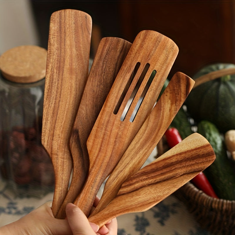 5pcs Long-handled Wooden Spatula Stirring Cooking Spatula Cookware Set, Wooden Cooking Cookware Utensils