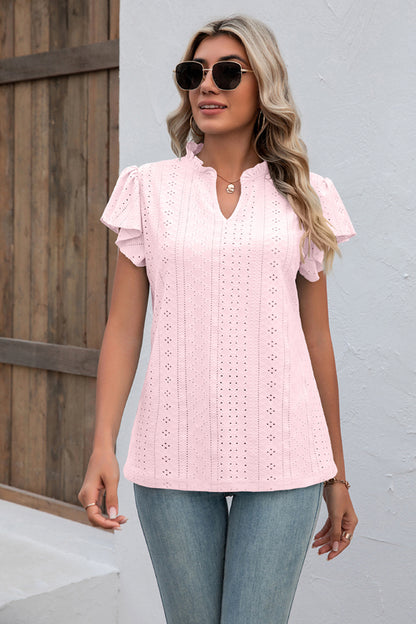 Eyelet Notched Neck Flutter Sleeve Top