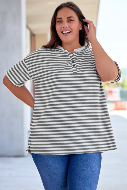 Plus Size Striped Notched Neck Short Sleeve Tee