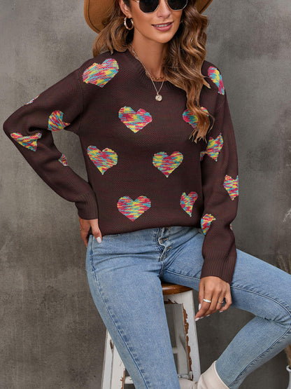 Heart Round Neck Ribbed Trim Sweater