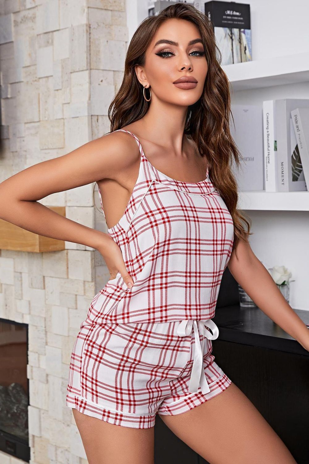 Plaid Cami and Tie-Front Shorts Pajama Set