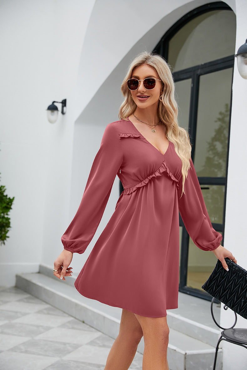 Frill Trim V-Neck Long Sleeve Dress