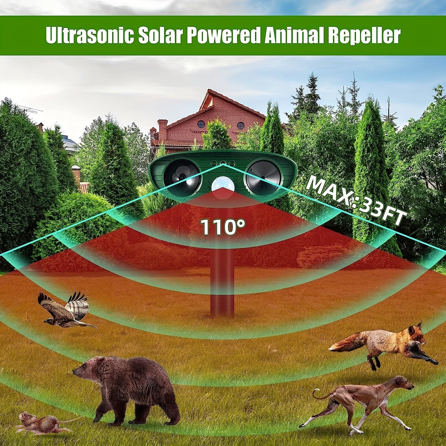 Ultrasonic Animal Repeller, Solar Powered Animal Repellent, Waterproof Animal Deterrent Devices Outdoor Repels Cat, Dog, Fox, Derrent, Rat, Etc