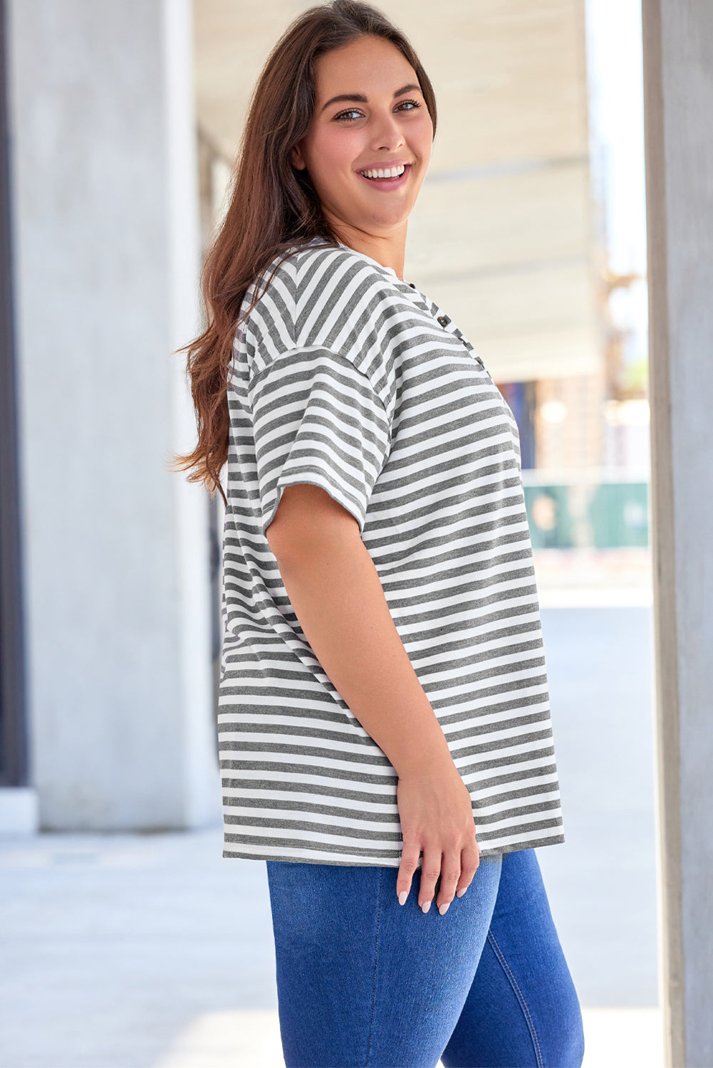 Plus Size Striped Notched Neck Short Sleeve Tee