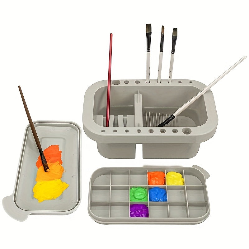 1 Set Paint Brush Cleaner, Paint Brush Holder And Organizers With Palette For Acrylic, Watercolor, And Water-Based Paints (Grey, Without Brushes)