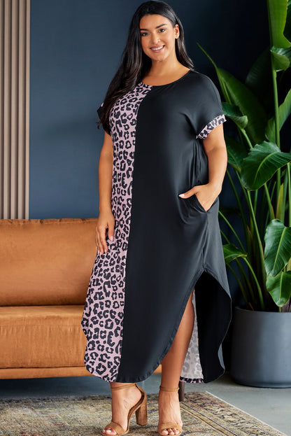 Robe Midi Léopard Contrastée à Manches Courtes de Grande Taille