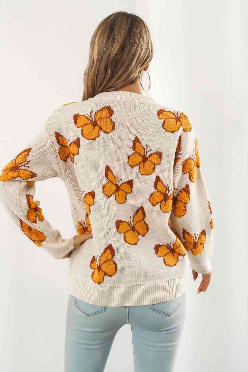 Butterfly Pattern Round Neck Dropped Shoulder Sweater