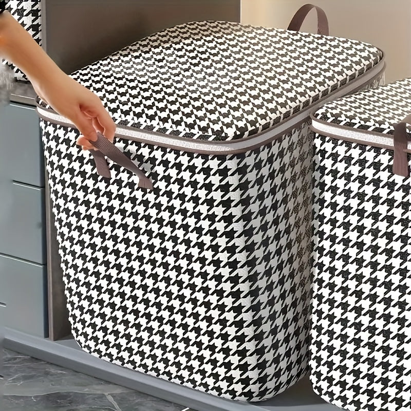 1pc Clothes Storage Bag, Houndstooth Pattern Folding Fabric Storage Bag, Large Capacity Waterproof Moisture-proof Cotton Quilt Storage Bag, Home Organization And Storage