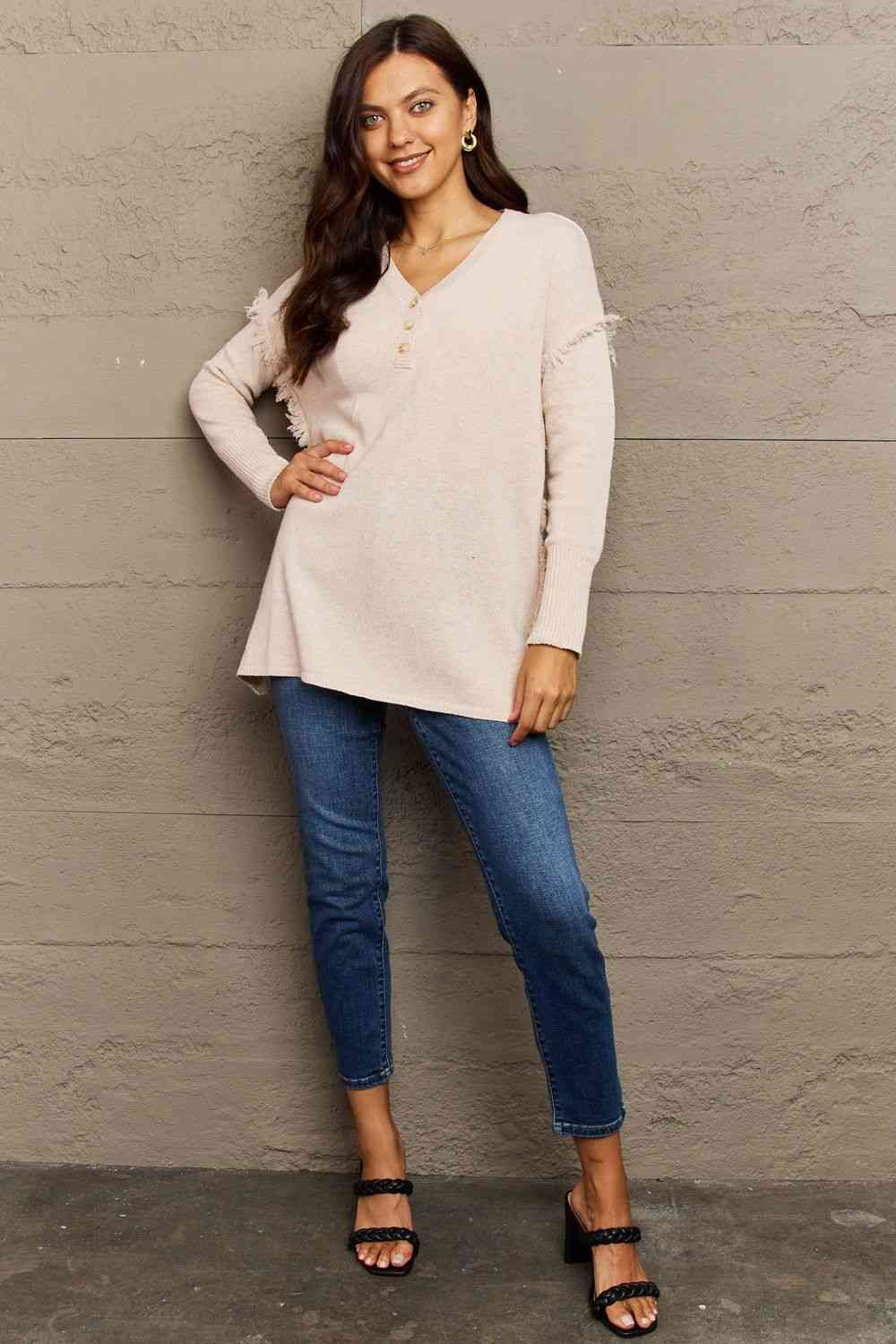 Ninexis Full Size Buttoned Dropped Shoulder Raw Hem Pullover Sweater