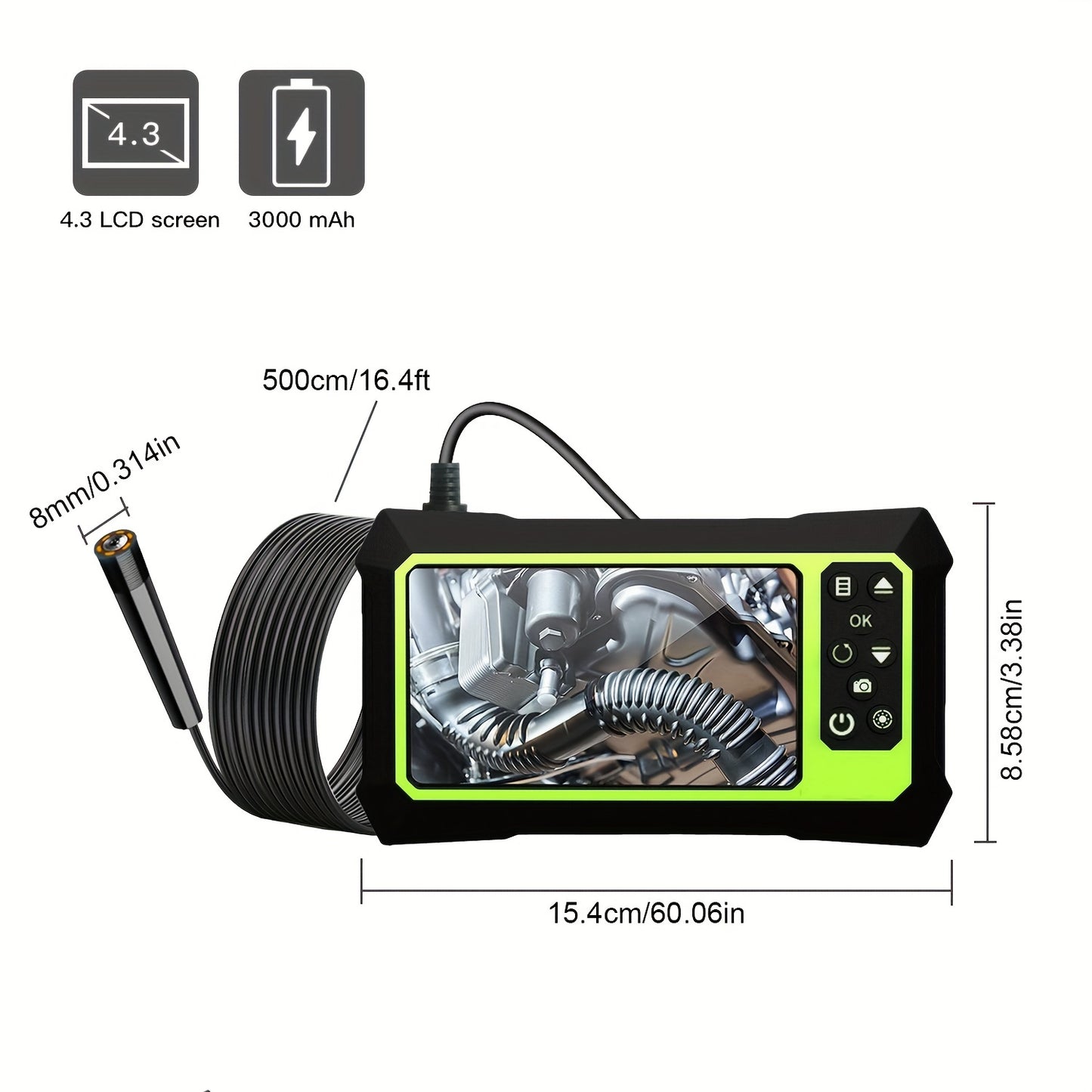 4.3 Inch Industrial Endoscope with 3000mAh Battery & 1080HD Video Resolution - Capture Clear Images & Video!