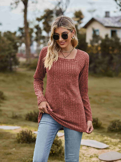 Ribbed Square Neck Long Sleeve Tee