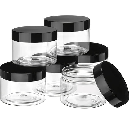 6 pcs Leak-Proof Plastic Pot Jars for Travel Storage and Cosmetic Use - Includes 6 Sizes (6,4,3,2)oz - Clear and Black Lids - Perfect for Makeup, Eye Shadow, Nails, Powder, Paint, and Jewelry