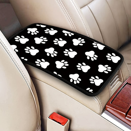 1pc Black White Dog Paw Print Armrest Box Pad, Auto Center Console Armrest Protector Cover For Car SUV Decoration Accessories