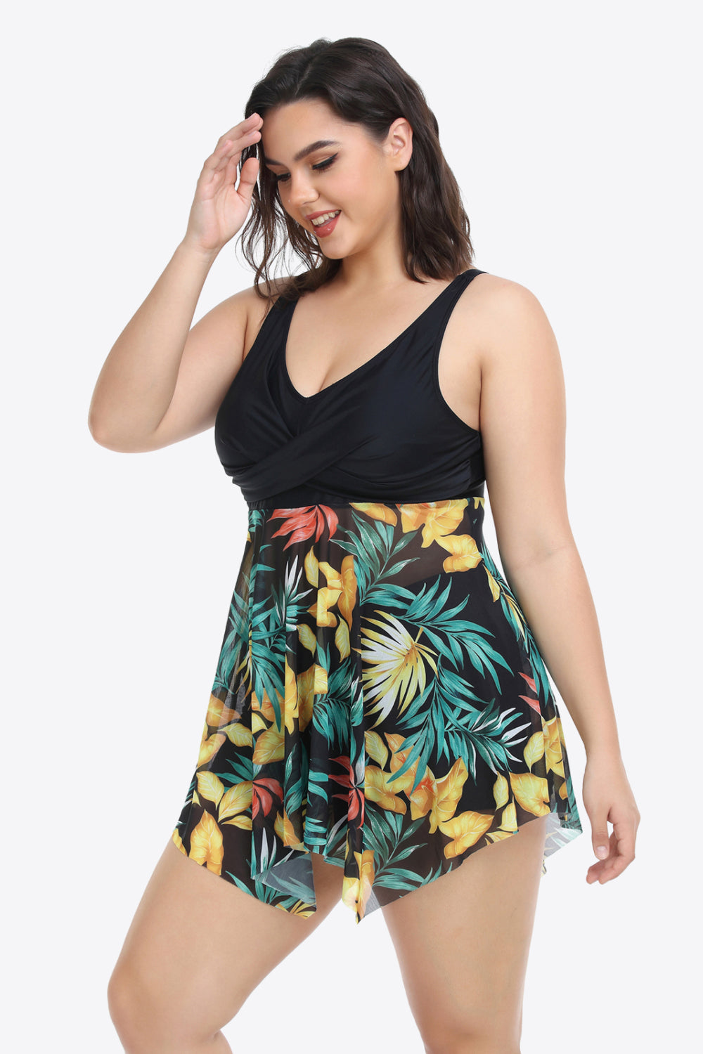 Plus Size Floral Two-Tone Asymmetrical Hem Two-Piece Swimsuit