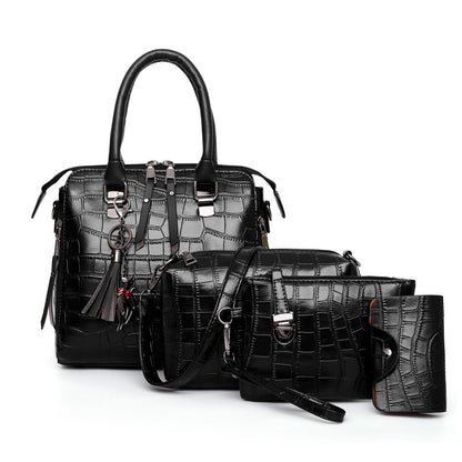 4-Piece Croc-Embossed Handbag Set: Tassel-Decorated Shoulder Bag, Wristlet Purse & Card Holder