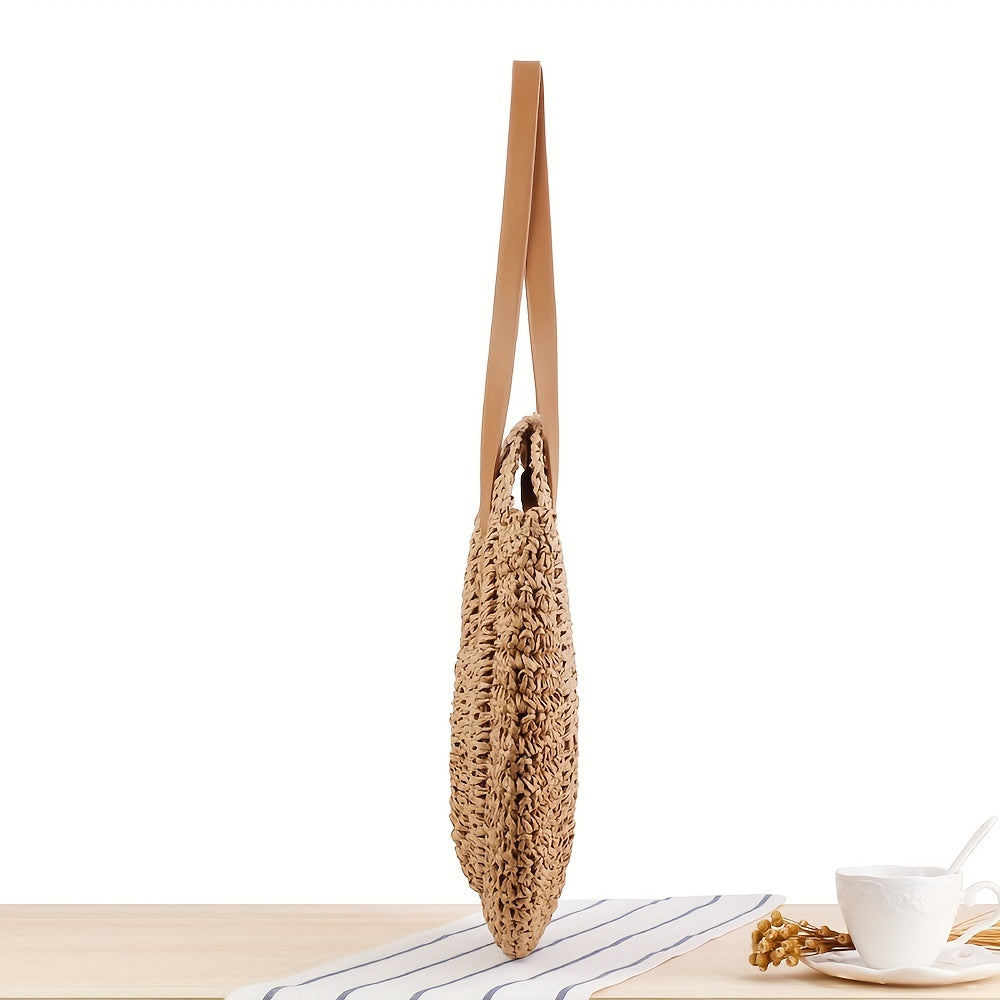 Stylish Woven Beach Bag - Hollow-Out Straw Handbag with Large Round Capacity for Shoulders