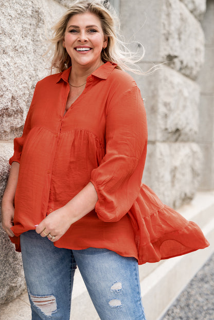 Plus Size Collared Balloon Sleeve Shirt