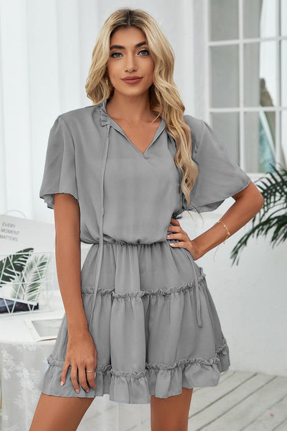 Tie Neck Frill Trim Short Sleeve Mini Dress