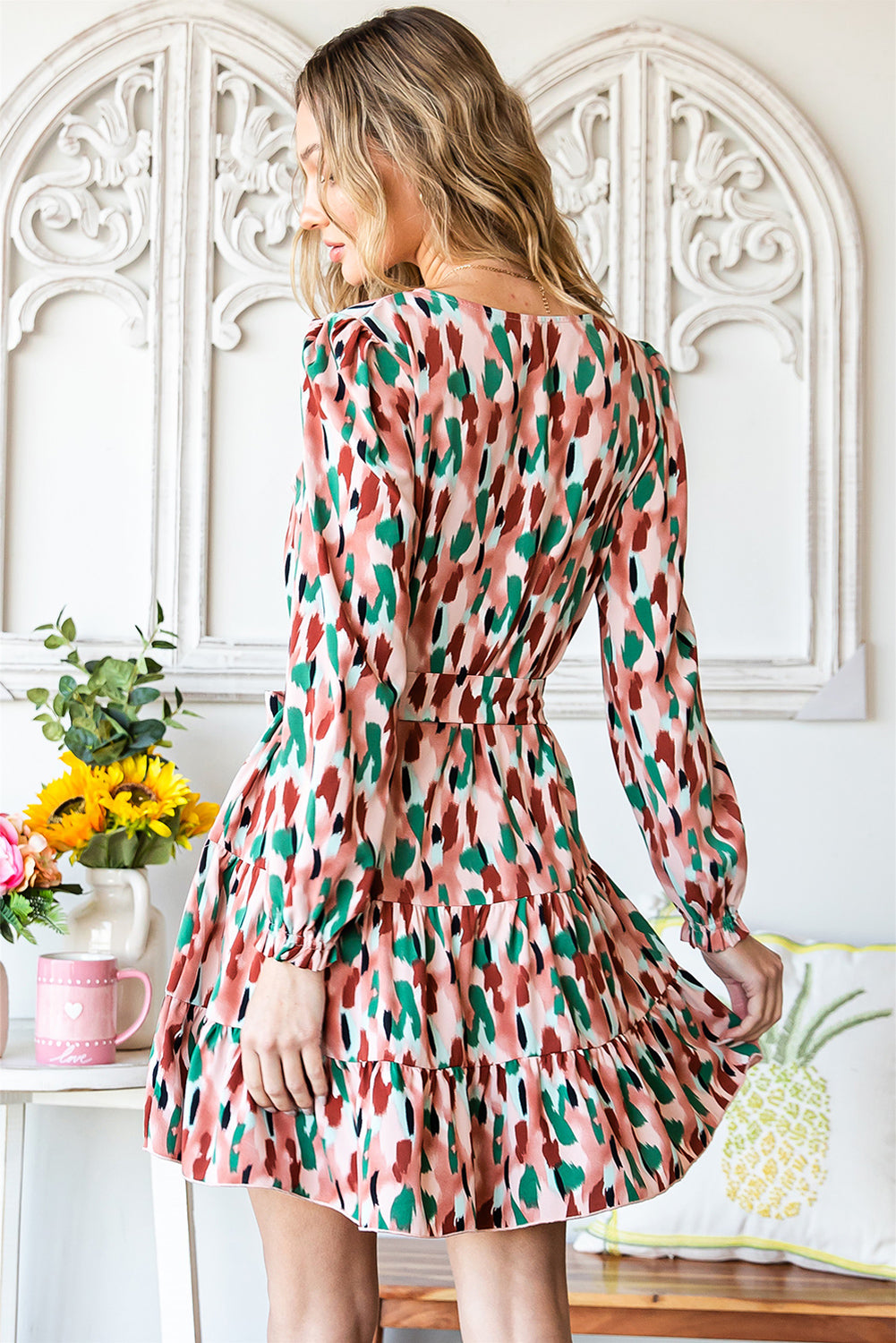 Printed V-Neck Long Sleeve Tiered Dress