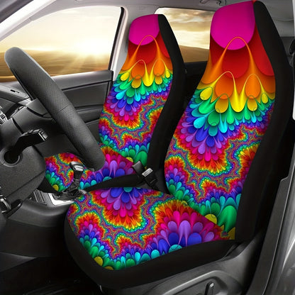 2pcs Rainbow Hippie Tie Dye Universal Car Seat Covers,Front Seats Only,Bucket Seat Protectors Fit For Cars, SUVs, Sedan Or Van