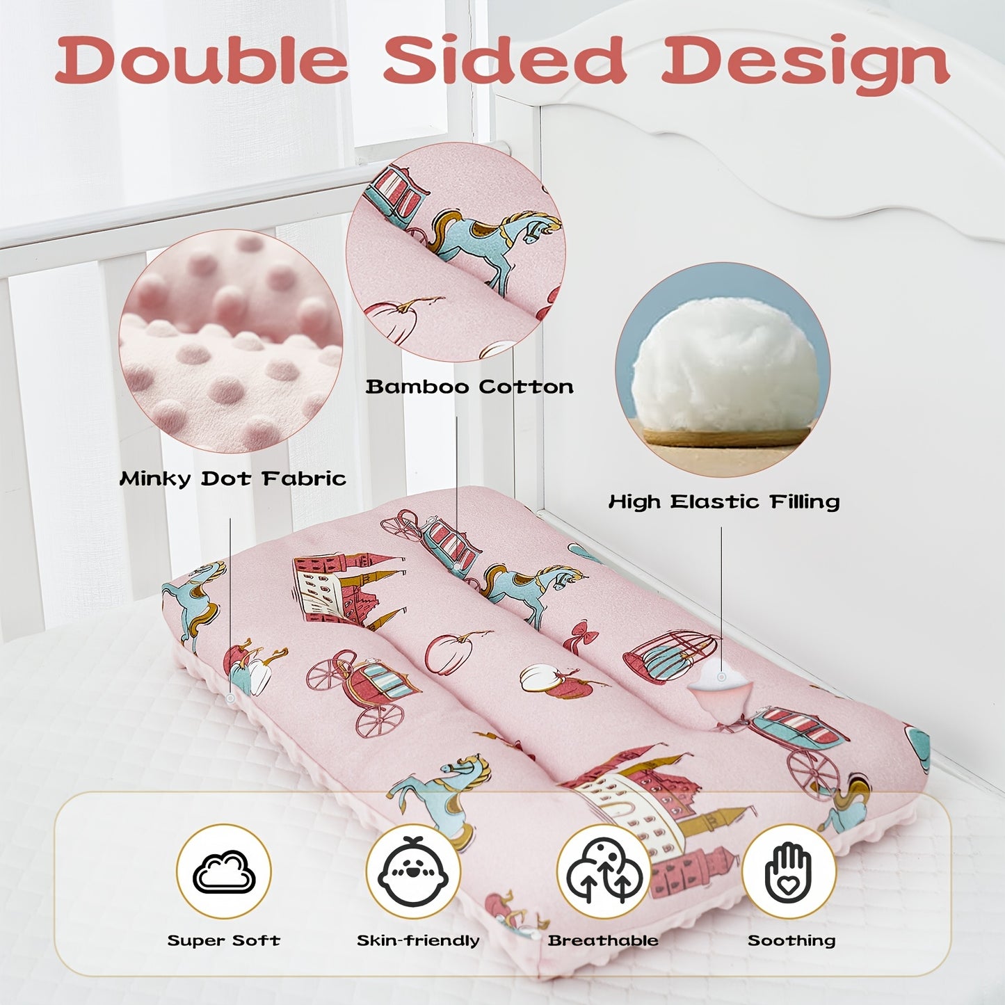 Super Soft & Ergonomic Baby Pillow - Double Sided Cotton & Fabric, Machine Washable