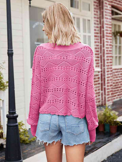 V-Neck Openwork Long Sleeve Sweater