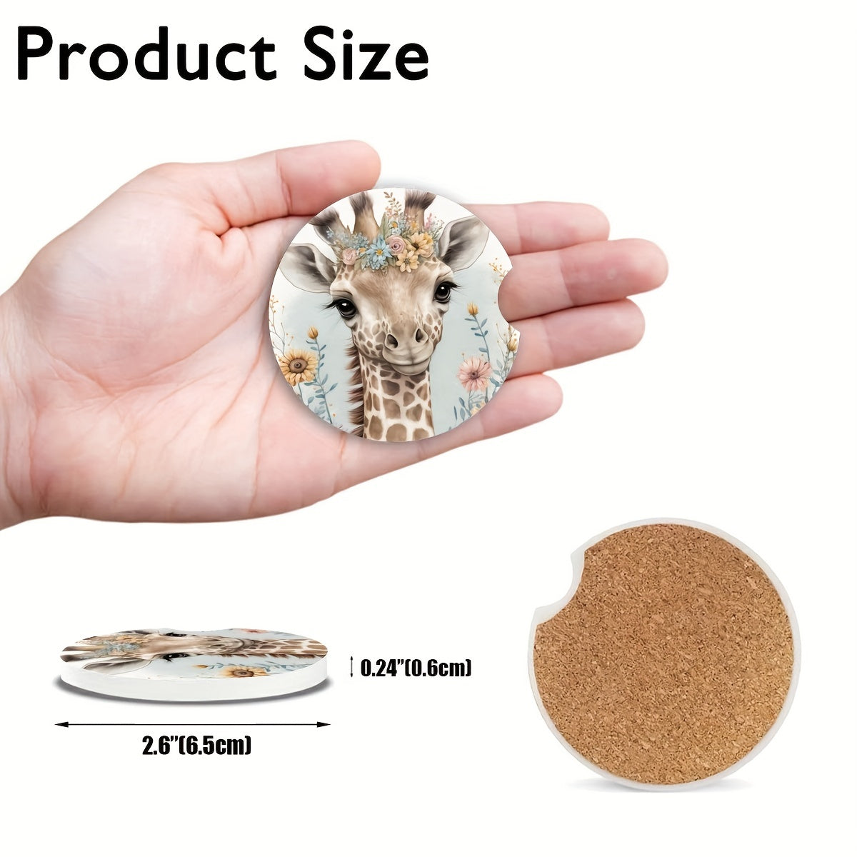 2pcs Giraffe Ceramic Car Coasters - Keep Your Cup Holders Clean & Dry with Cork Back & Finger Slot!