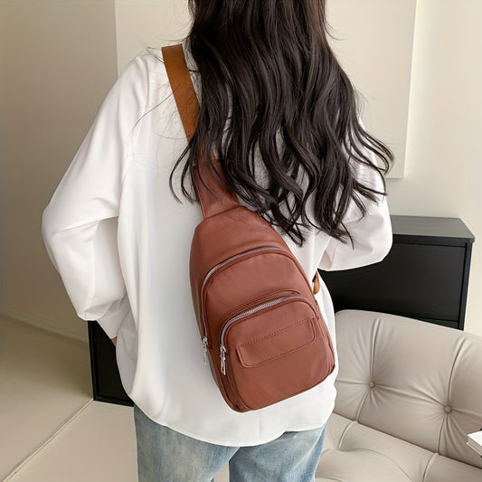 Vintage PU Leather Sling Bag - Solid Color Chest Bag for Outdoor Travel