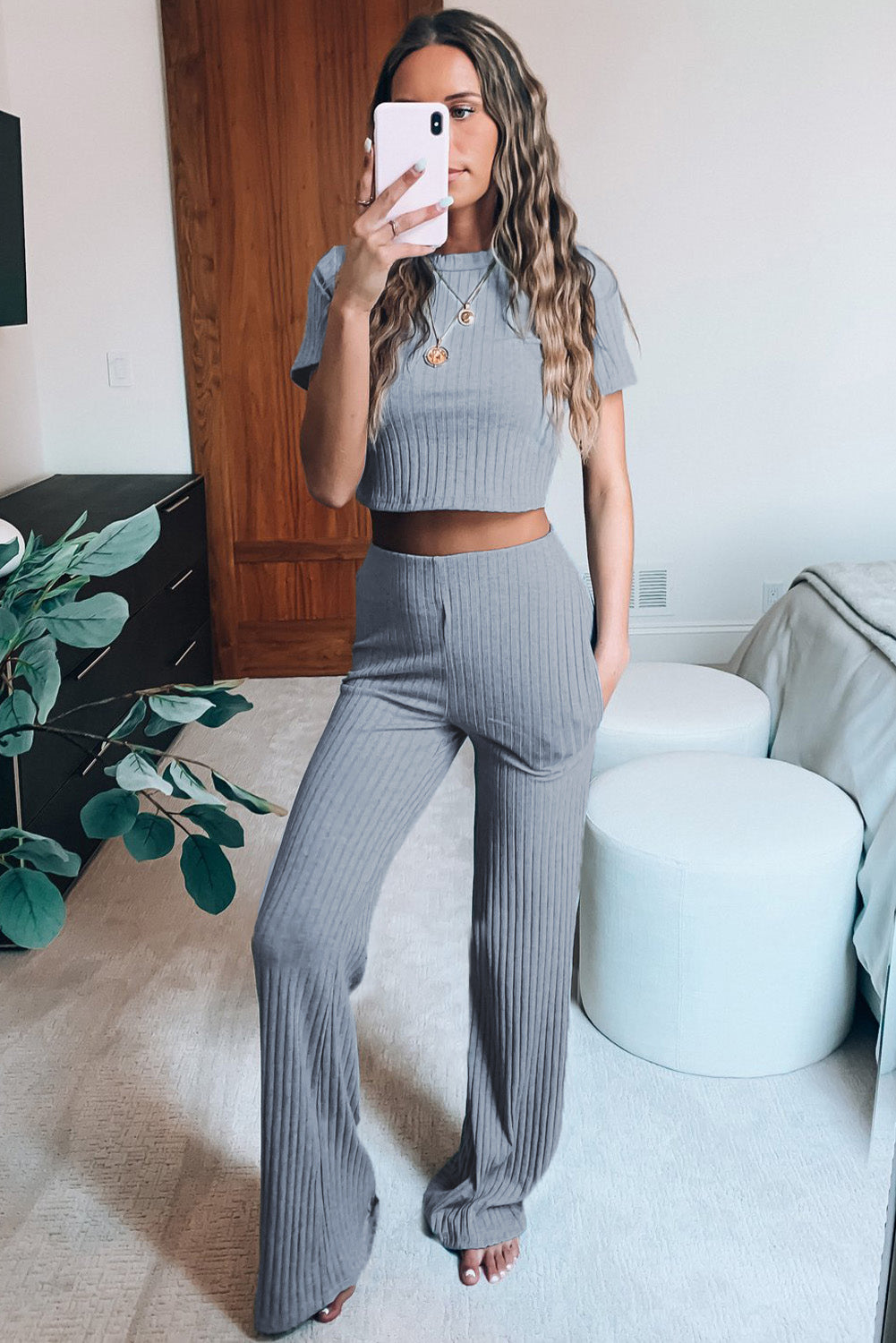 Ribbed Crop T-Shirt and Wide Leg Pants Lounge Set