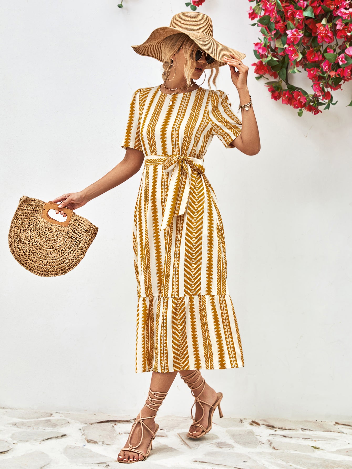 Striped Tie Belt Round Neck Puff Sleeve Dress