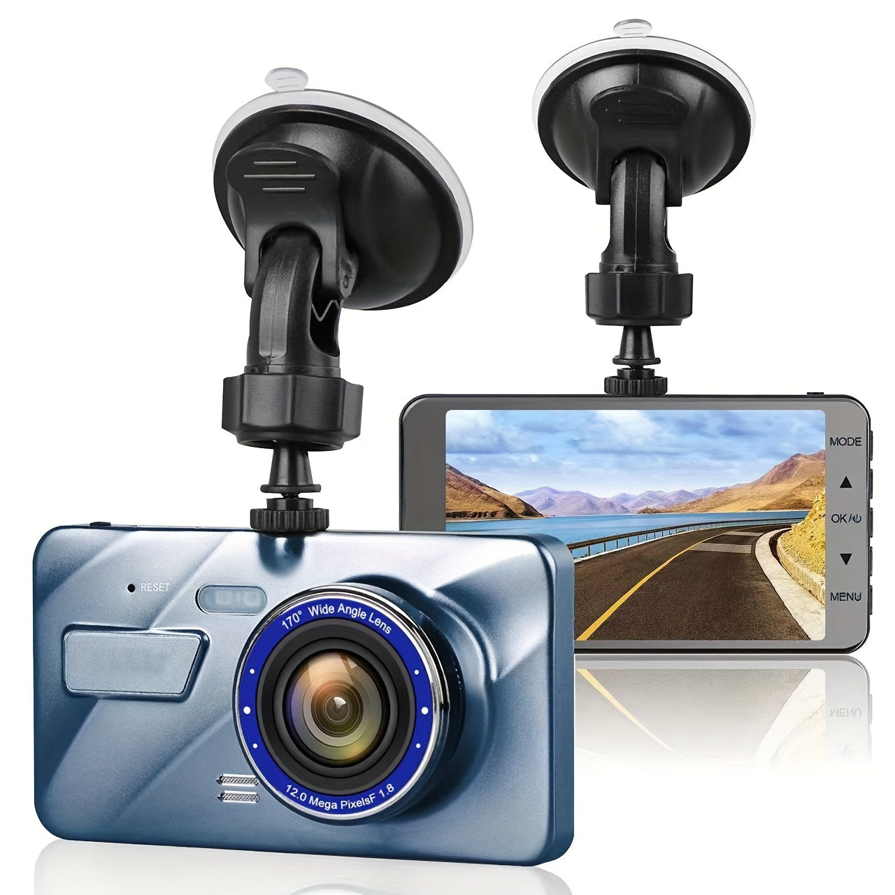 1080p Dual Camera Dash Cam with Waterproof Reverse Camera, 64GB Micro SD Card, 4 Inch Touch Screen, Night Vision, Motion Detection, Parking Surveillance, Loop Recording