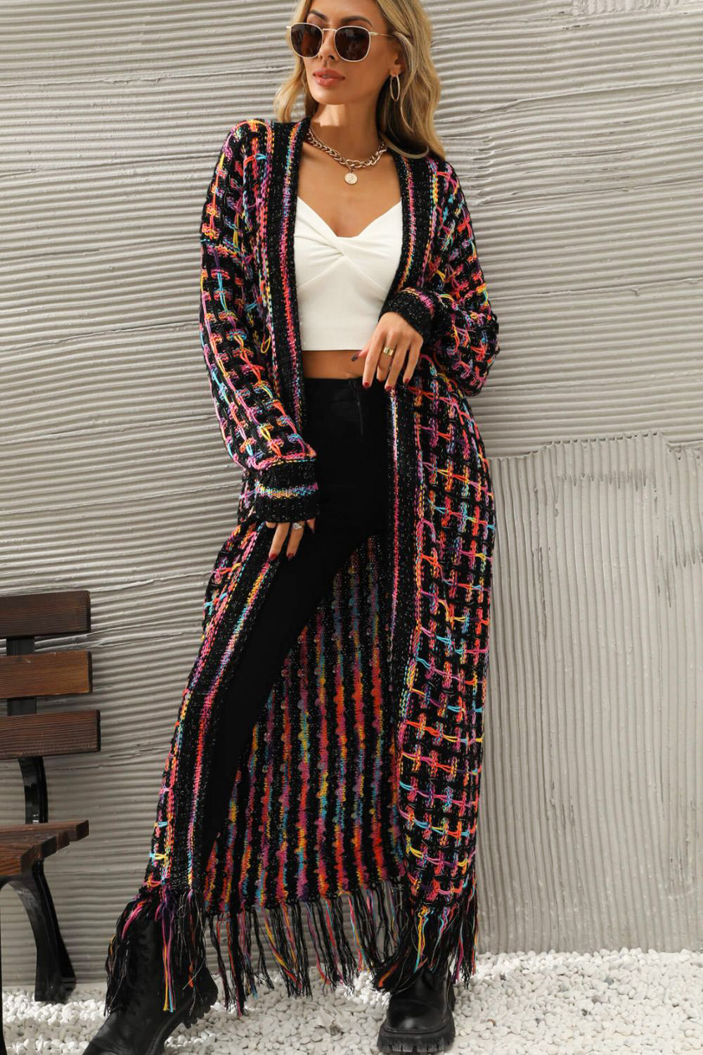 Multicolored Open Front Fringe Hem Cardigan