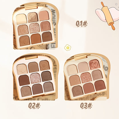 9-Color Toast-Shaped Eyeshadow Palette: Highly Pigmented, Waterproof Shades with Multiplex Textures for Matte, Shimmer, Pealescent & Glitter!