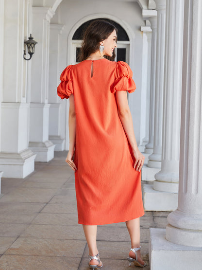 Round Neck Bubble Sleeve Straight Hem Midi Dress