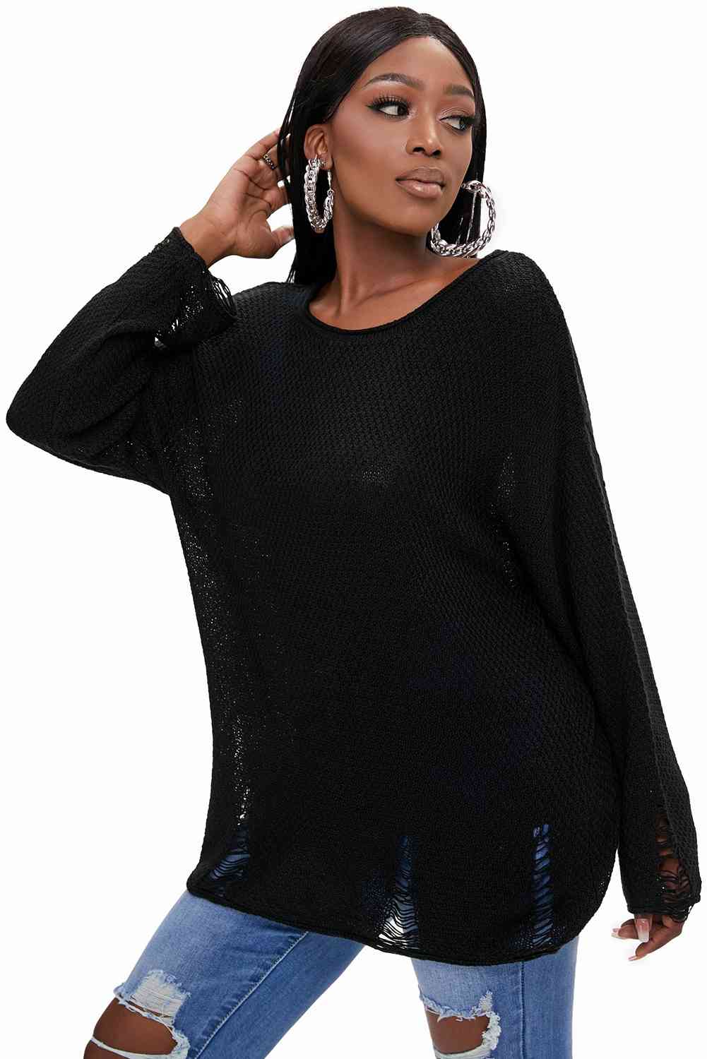 Round Neck Distressed Drop Shoulder Sweater