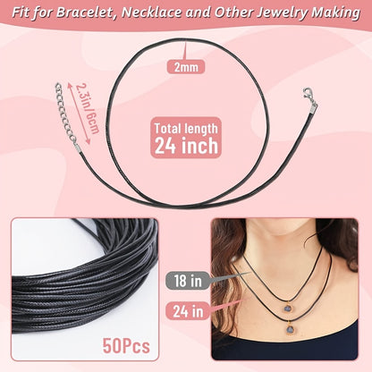 50Pcs Black Necklace Cord With Buckle, 18"/24" Black Wax Cord Necklace Bulk Charm Pendant, Bangle, Necklace, Jewelry Making Supplies And Beading Supplies