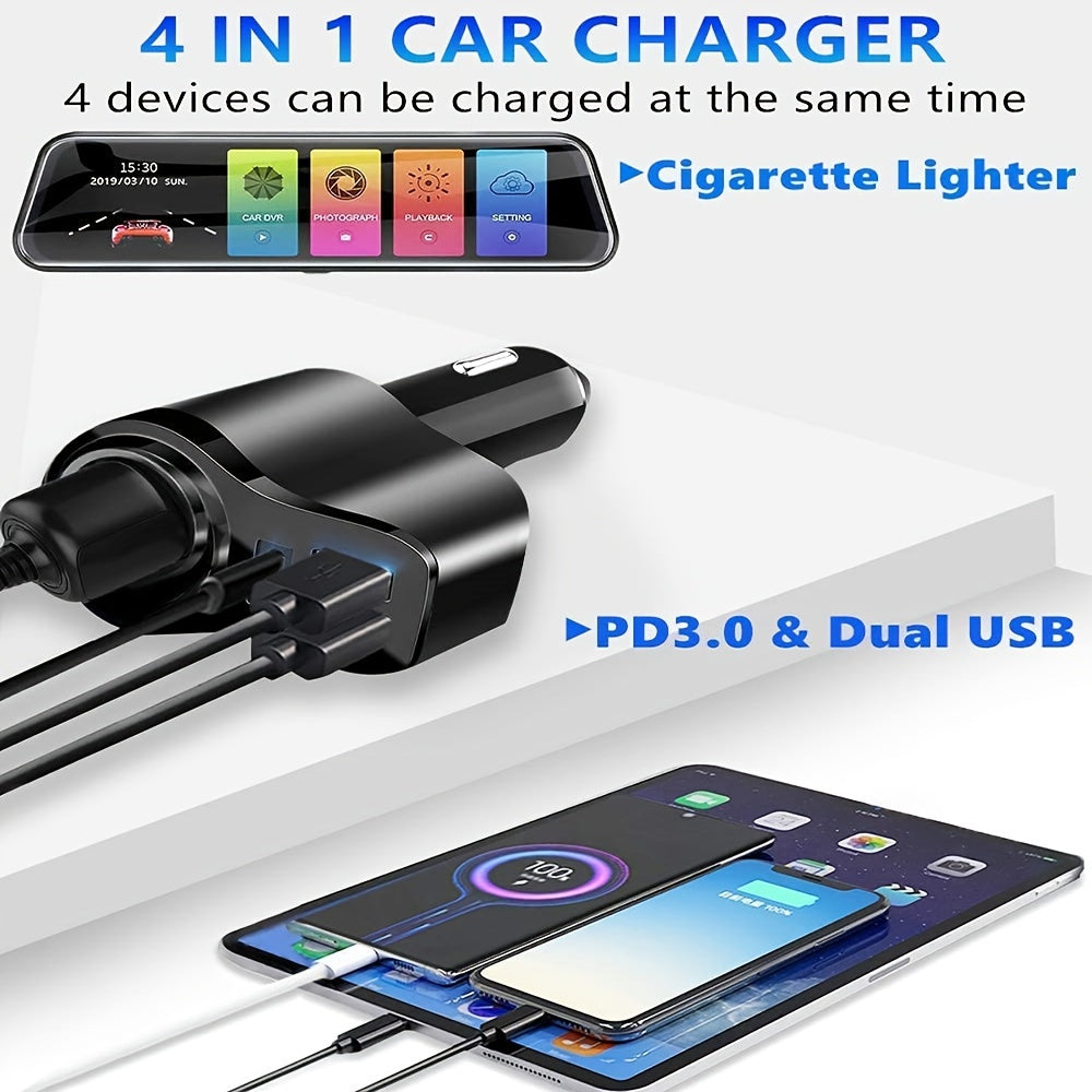 4-in-1 USB C Car Charger: 36W Multi-Port Adapter with 3 USB Ports, 12V/24V Dual PD Fast Charger for Cigarette Lighter Socket