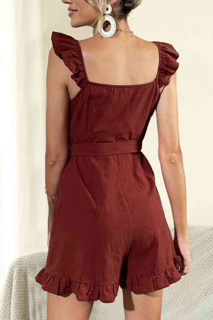 Tie Belt V-Neck Ruffled Romper